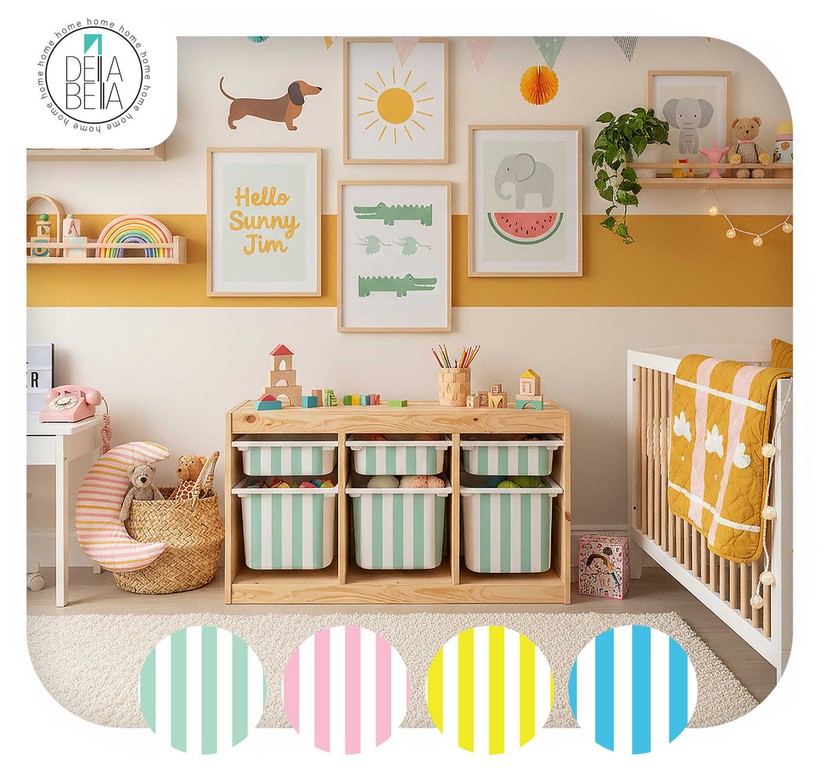 Children's room with colorful decor, shelves, and toys.