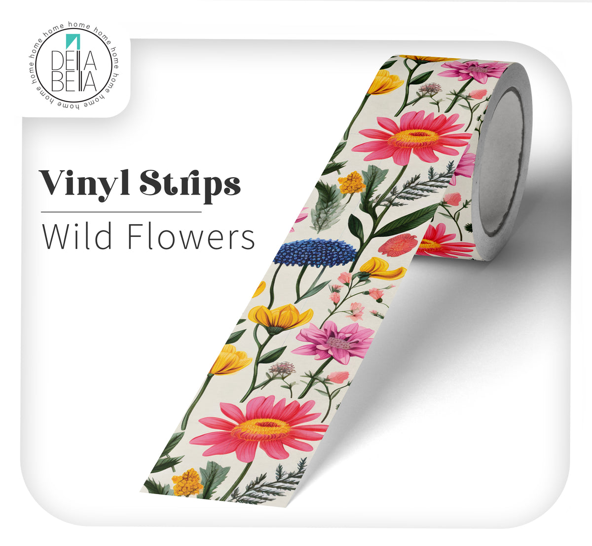 A roll of Della Bella self-adhesive vinyl trim in the Trefoil pattern, featuring bright pink and yellow flowers on a cream background. Text reads 'Vinyl Strips Wild Flowers'. Perfect for cottagecore room decor and furniture upcycling.