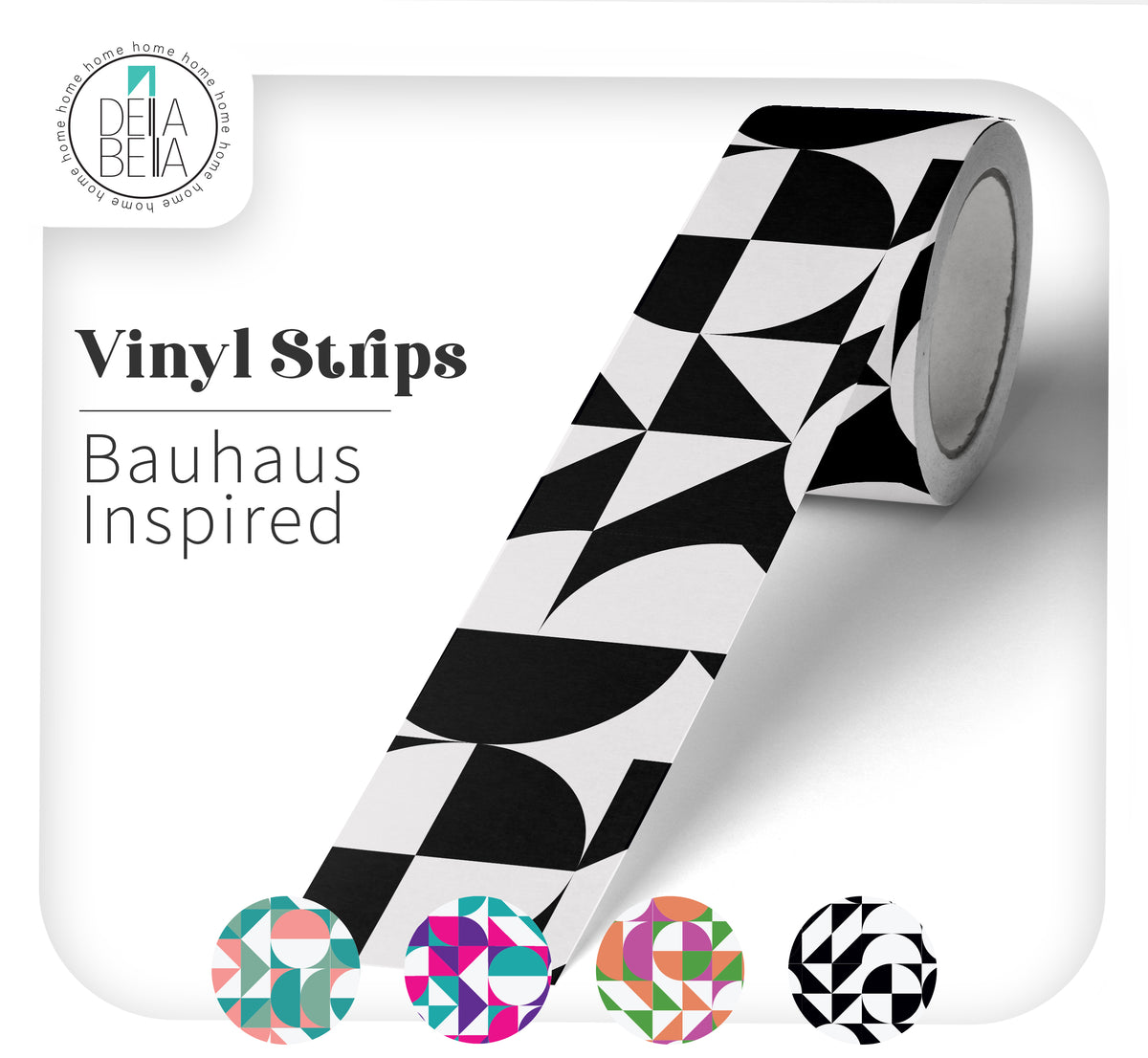 Della Bella monochrome Bauhaus inspired peel and stick vinyl strip. Features a black and white retro geometric pattern of semi-circles and triangles. Ideal for mid-century modern furniture upcycling and faux dado rails