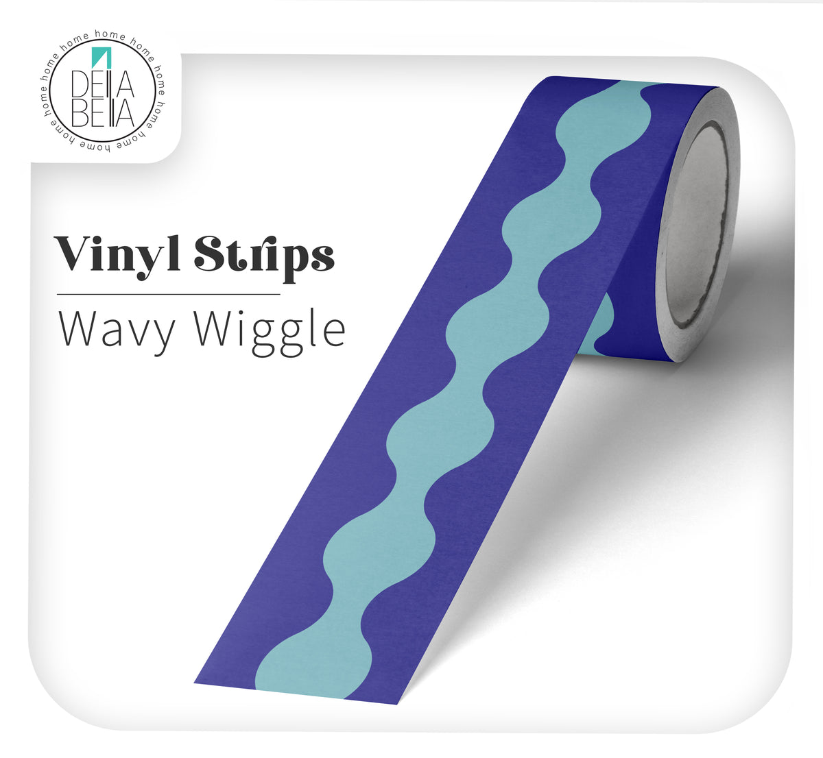 Royal blue and light blue Wavy Wiggle peel and stick vinyl decor strip. Heavy-duty waterproof wall trim designed for maximalist stair riser decals and vibrant door edge strips.