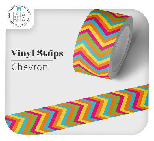 Roll of vinyl strips with colorful chevron pattern on a white background