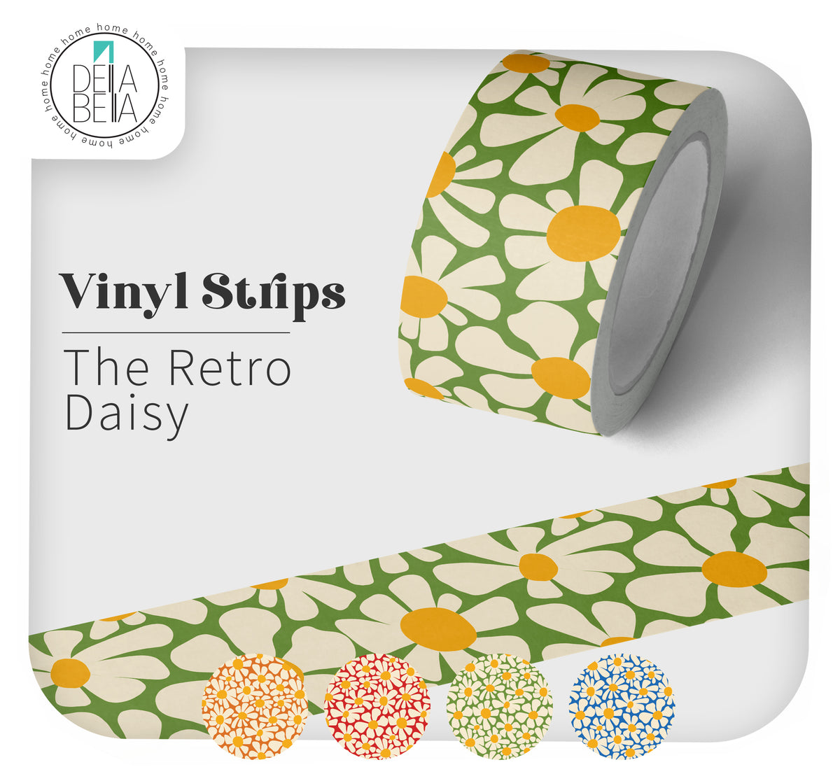 Della Bella retro daisy peel and stick vinyl strip. Features a groovy 1970s inspired floral pattern in green, yellow, and white. Ideal for Instagram trending room decor, framing mirrors, and furniture upcycling