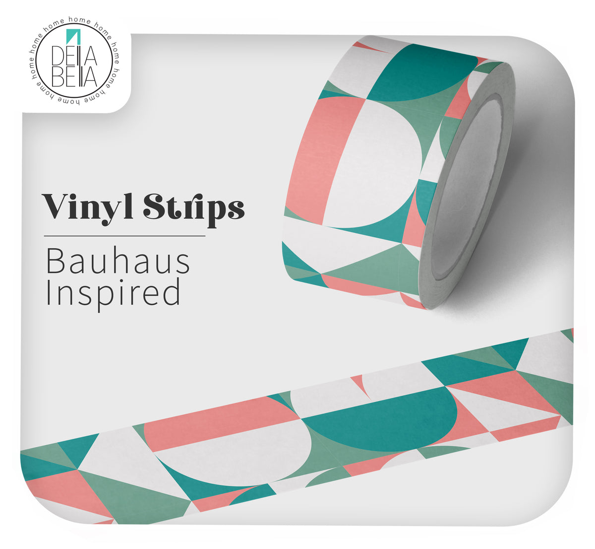 Roll of Della Bella geometric peel and stick vinyl strip featuring a retro pink, teal, and white colour-blocking pattern. Used for renter-friendly door edging and dopamine decor upcycling.