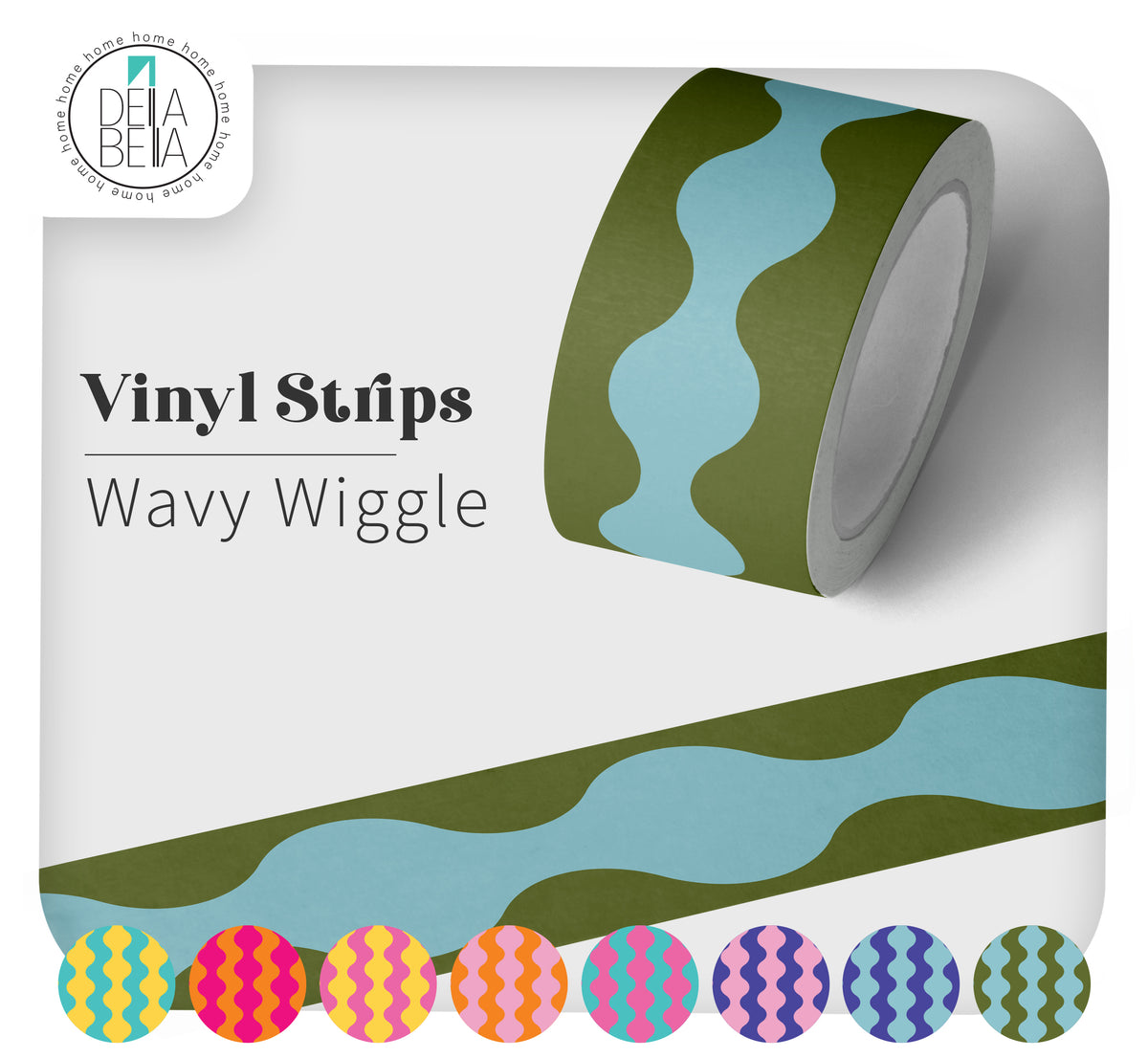 Olive green and light blue Wavy Wiggle peel and stick vinyl strip roll. A retro wall border decal showing multiple bright colourway options for renter friendly DIY and dopamine decor upcycling.