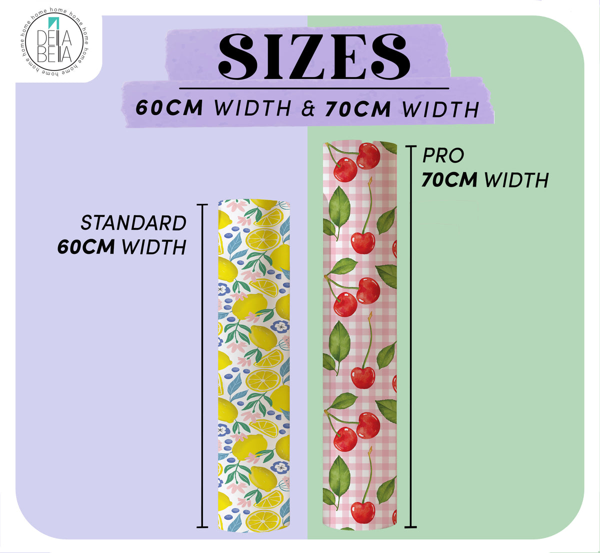 Comparison of 60cm and 70cm wide vinyl wraps strips with decorative patterns on a purple and green background.