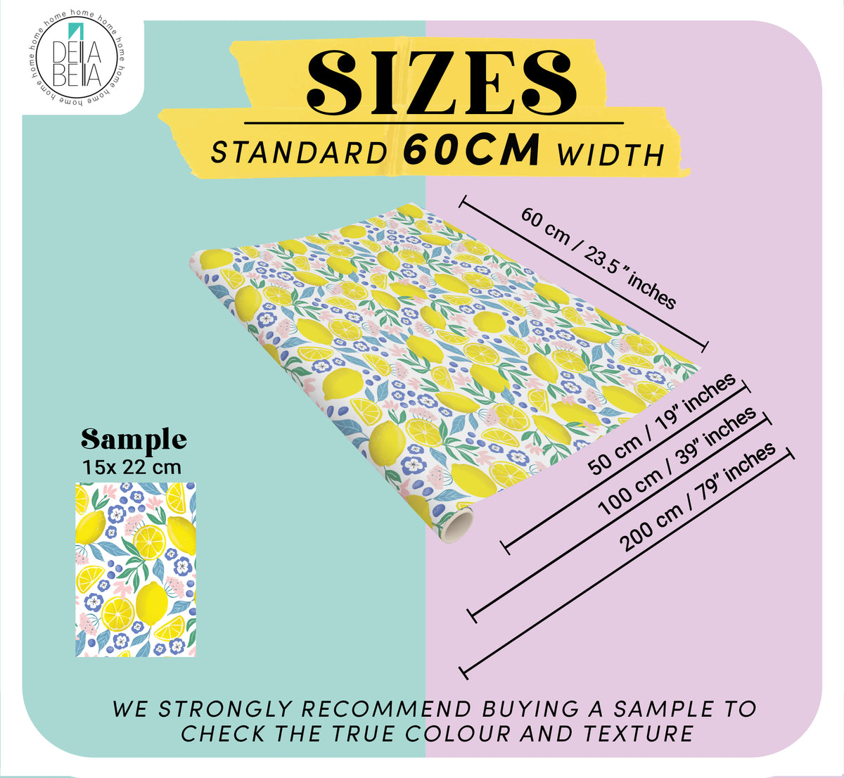 Size guide showing 60cm standard width and 70cm pro width for Della Bella UK vinyl wrapping rolls.