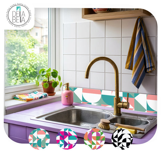 Kitchen sink area with a colorful backsplash vinyl strip decoration  and decorative elements.
