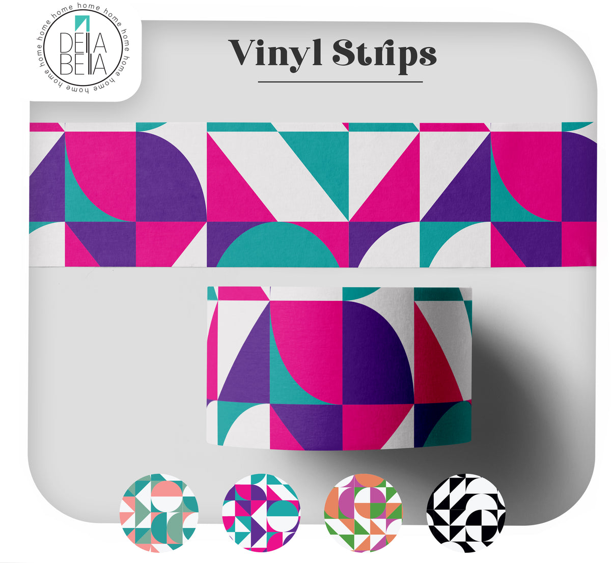 Della Bella geometric vinyl strip size guide. Showing a colourful purple, green, and orange retro pattern available in 10cm and 15cm widths, and 100cm and 200cm lengths.