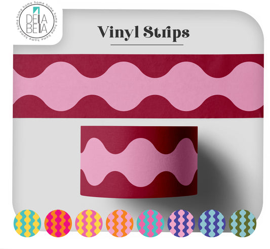 Roll of Wavy Wiggle peel and stick vinyl strip in dark red and light pastel pink. A retro self adhesive border perfect for furniture upcycling, faux dado rails, and quirky architrave stickers.