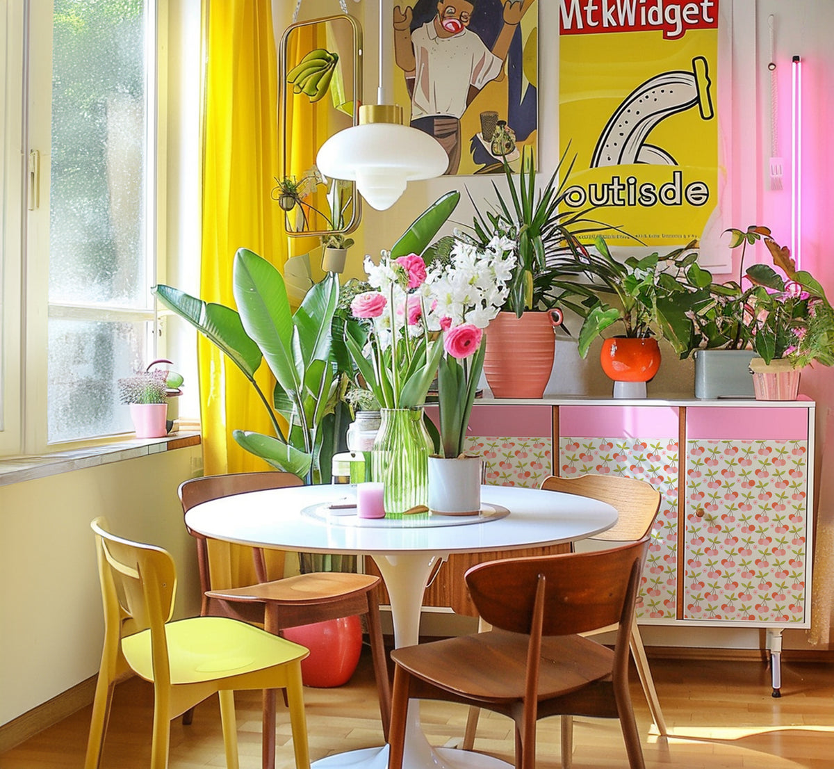 Della Bella pink patterned furniture vinyl wrap on a cabinet in a bright, modern dining area.
