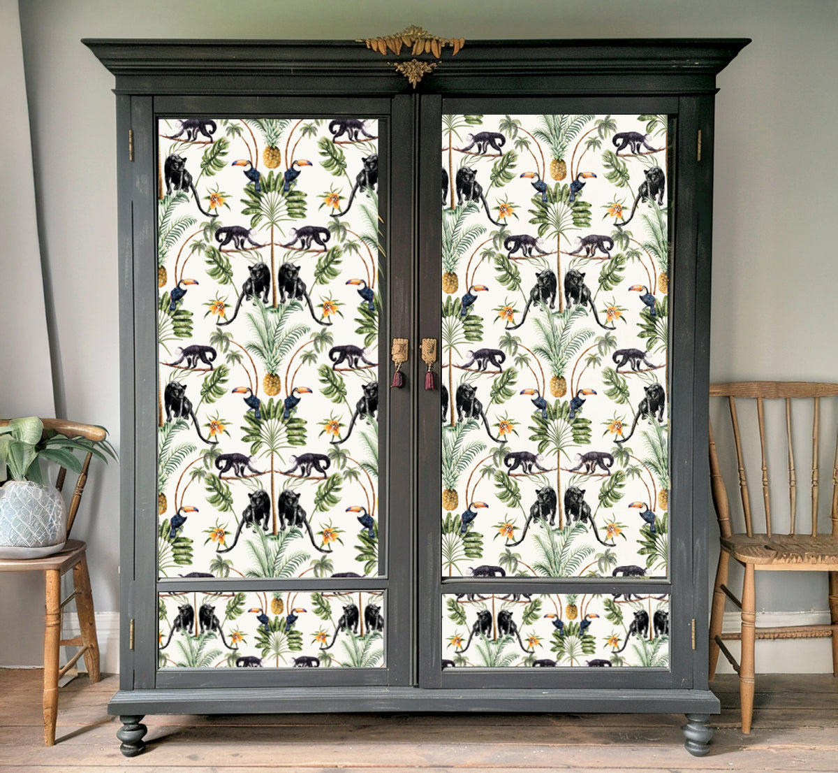 Della Bella jungle monkey print vinyl wrap for wardrobe furniture upcycling UK